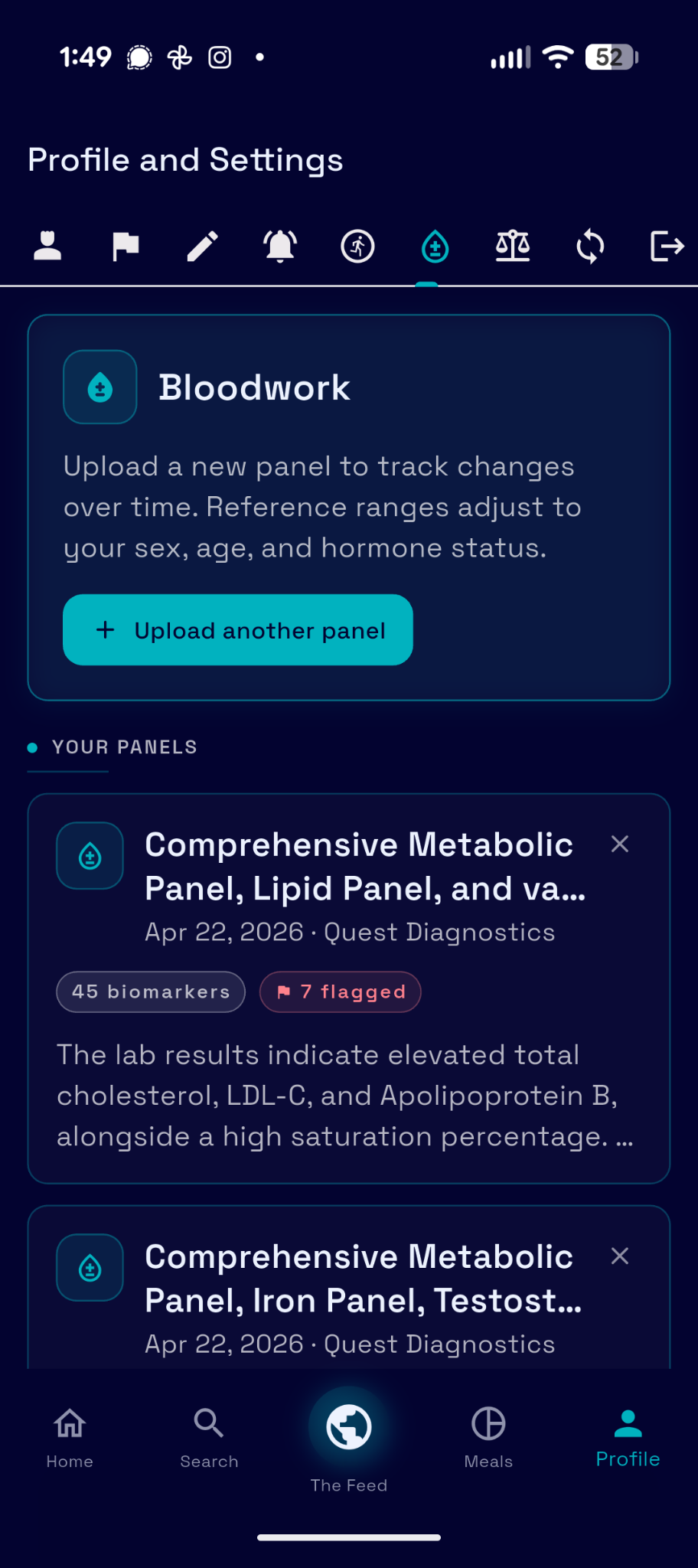 Bloodwork panel upload and tracking - View 1