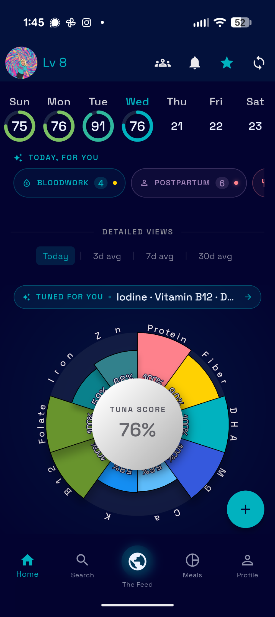TUNA home screen with daily nutrient score and priorities
